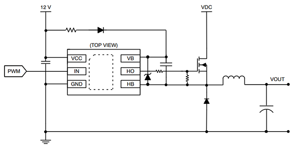 アプリケーション回路図 - onsemi NCV51313ハイサイド・ゲートドライバ